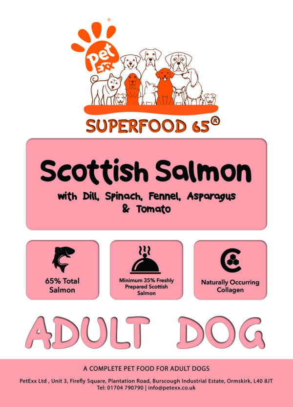 SFS Superfood Scottish Salmon with dill, spinach, fennel, asparagus and tomato (Adult Dog)